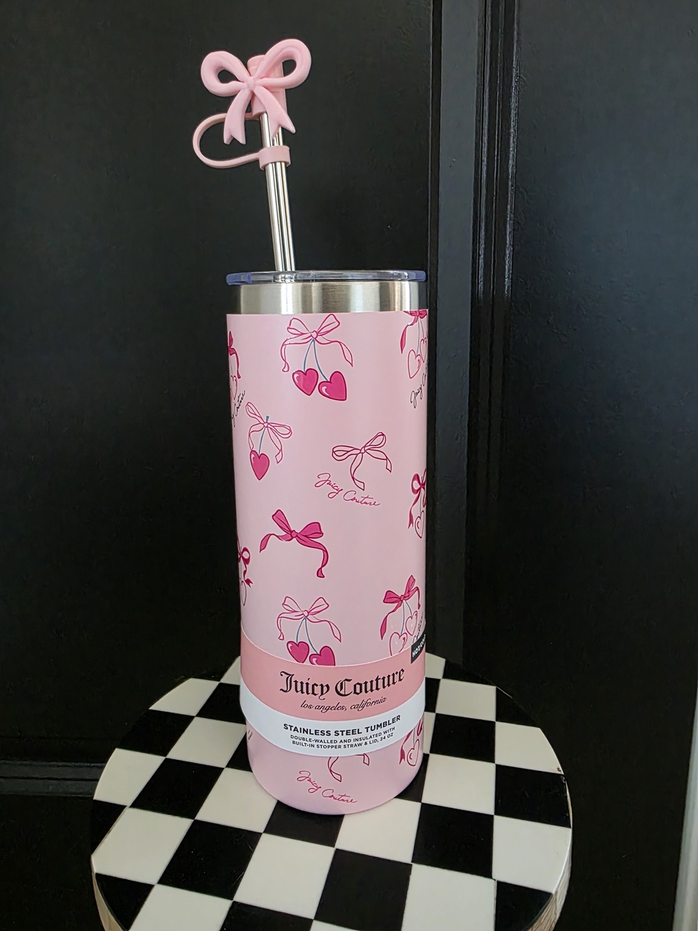 NWT Juicy Couture Pink Cherry Heart & Bow Stainless Steel Tumbler